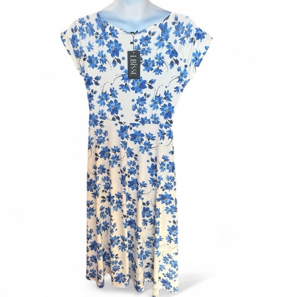 LBisse Blue Floral Midi Dress – Size 1X (NWT) Super Soft Stretchy Feminine Cutie - Picture 3 of 9